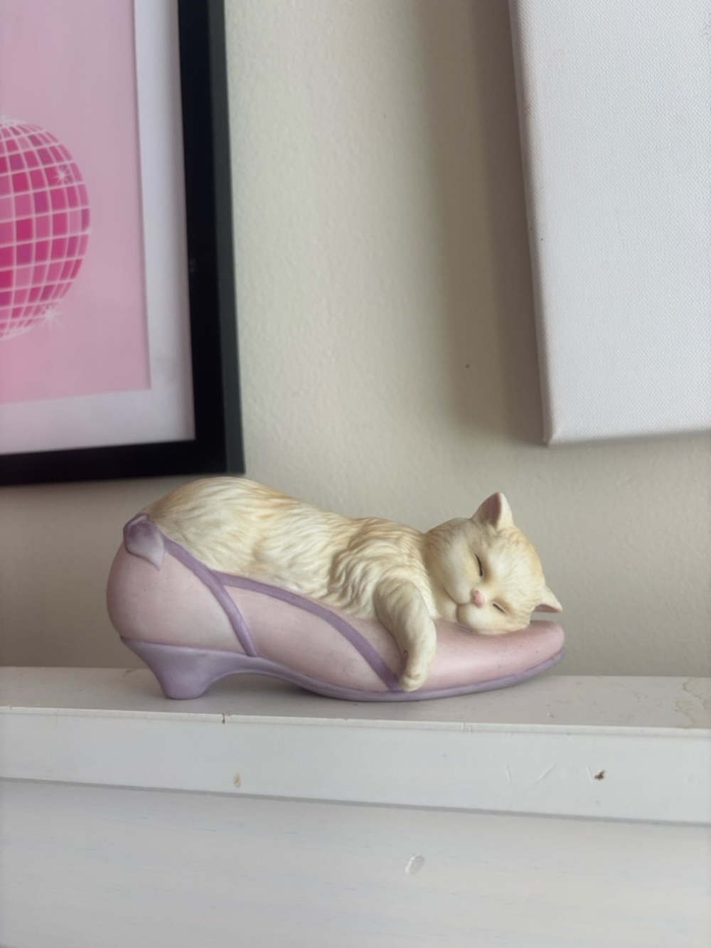 Sleeping Cream Cat Figurine on Lavender Shoe Accent